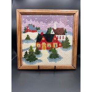 Winter Village Crewel, Vintage 1981 Paragon Needlecraft "Winter Scene," Framed